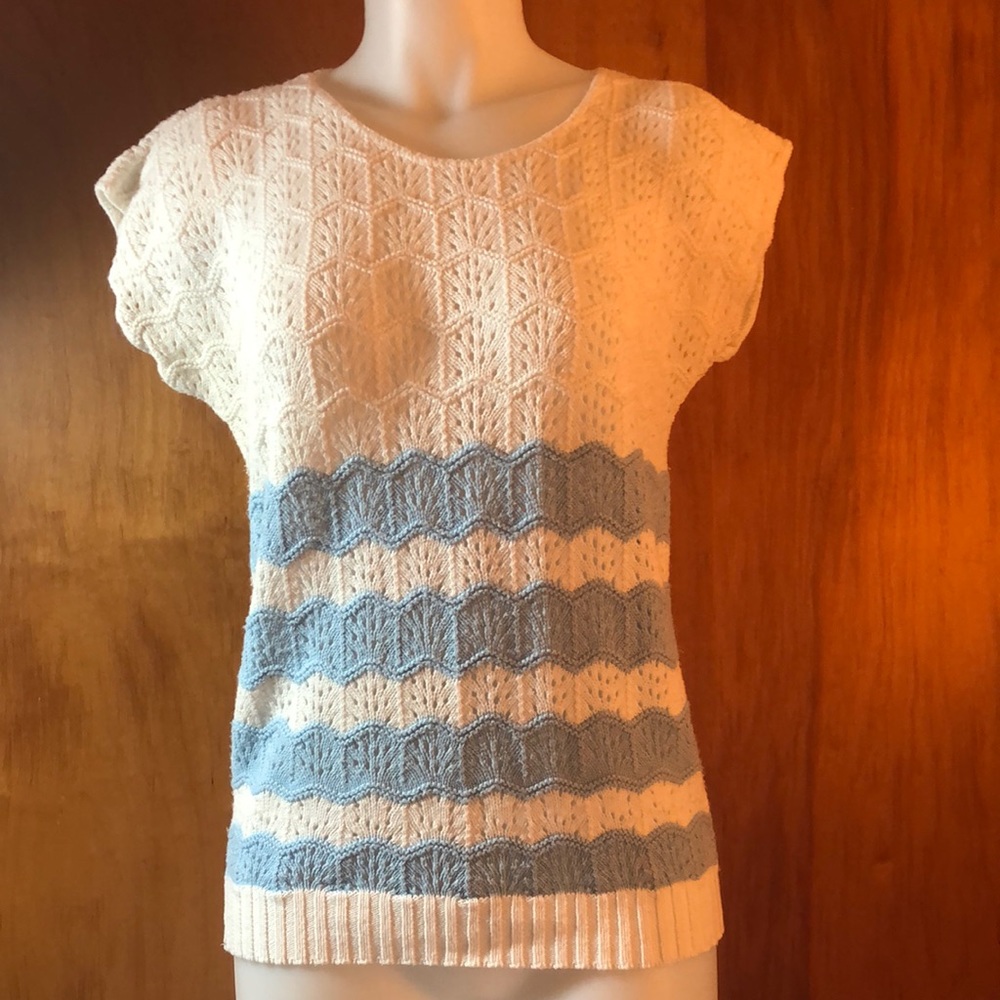Blue White Sleeveless Sweater Top Brunny Medium Vintage